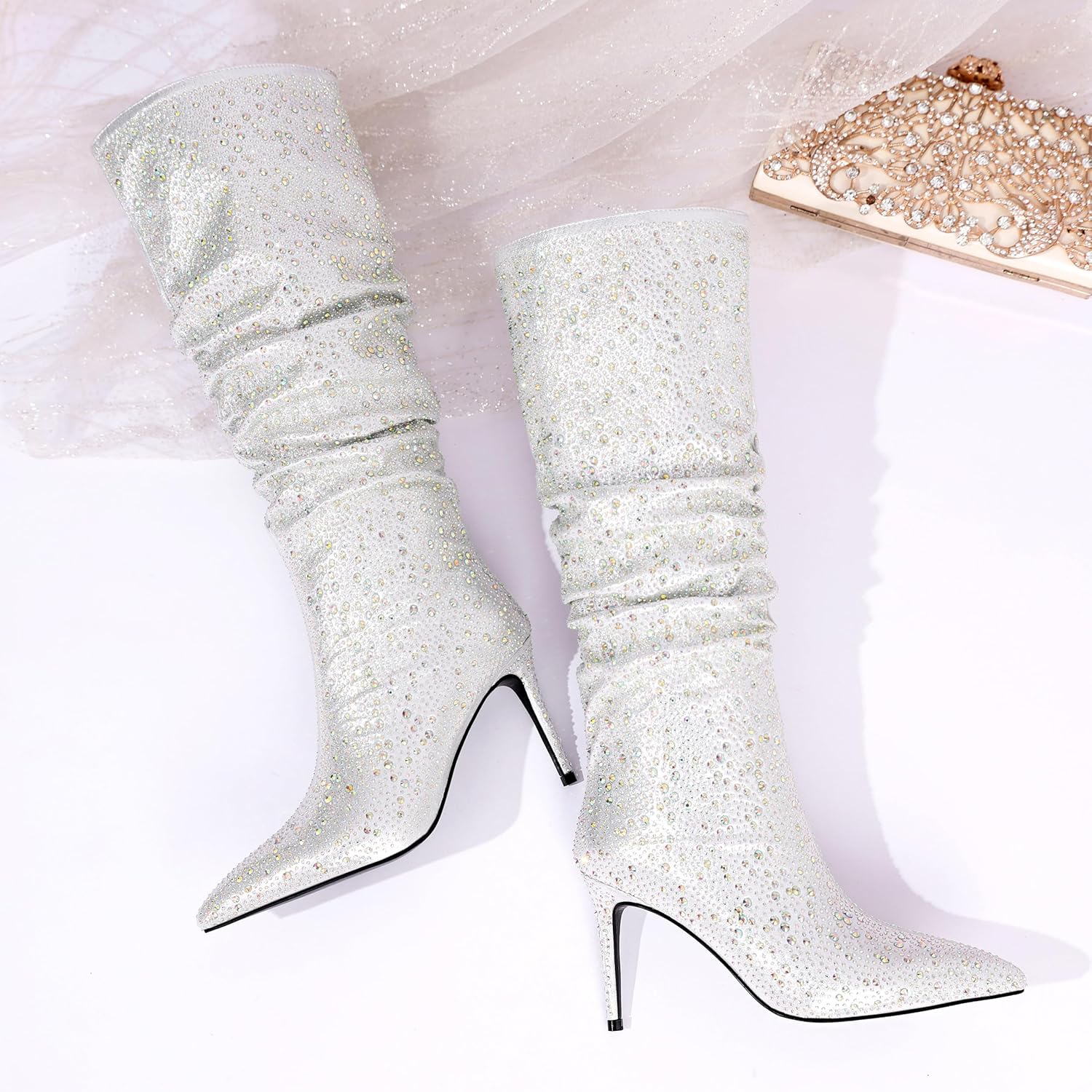 Zamikoo Slouchy High Heel Boots for Women, Knee High Stiletto Heel Boots, Pointed Toe Slouch Stretch Tall Boots Pull On 3.5 Inches