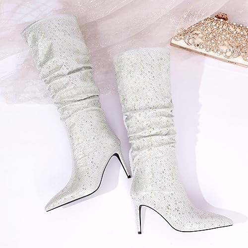 Vista 7 de Zamikoo Slouchy High Heel Boots for Women, Knee High Stiletto Heel Boots, Pointed Toe Slouch Stretch Tall Boots Pull On 3.5 Inches