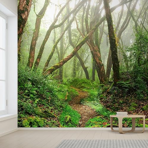 Miniatura 2 de wall26 Adhesivo mural removible Camino brumoso a través del bosque de árboles verdes, naturaleza, desierto, fotografía, realismo, paisaje rústico,