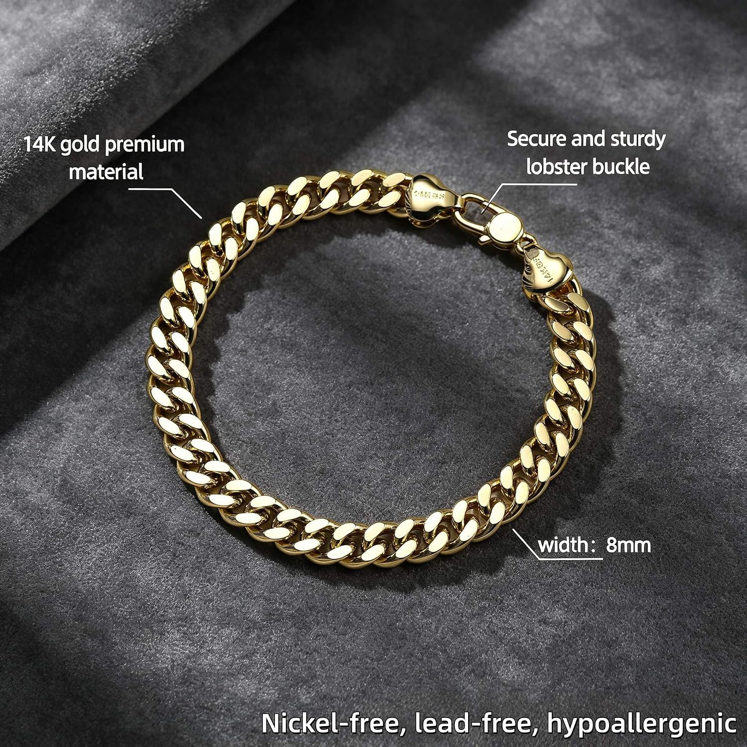 LUCA SMITH 8mm 14K Gold Cuban Chain Bracelet Miami for Men (7.5/8/8.5in)