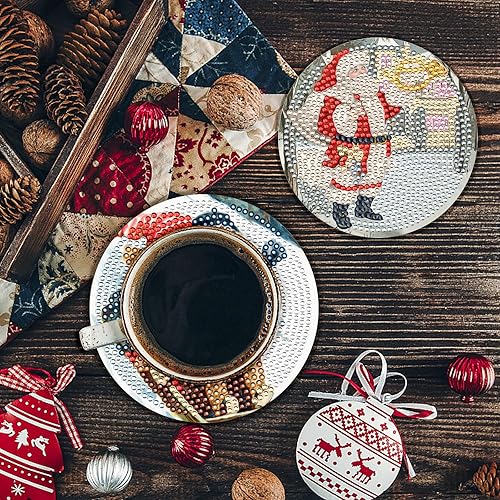 Miniatura 4 de XEFINAL Posavasos de pintura artística de diamantes vintage de Navidad, posavasos con soporte, kits de pintura de diamantes de Navidad para adultos,