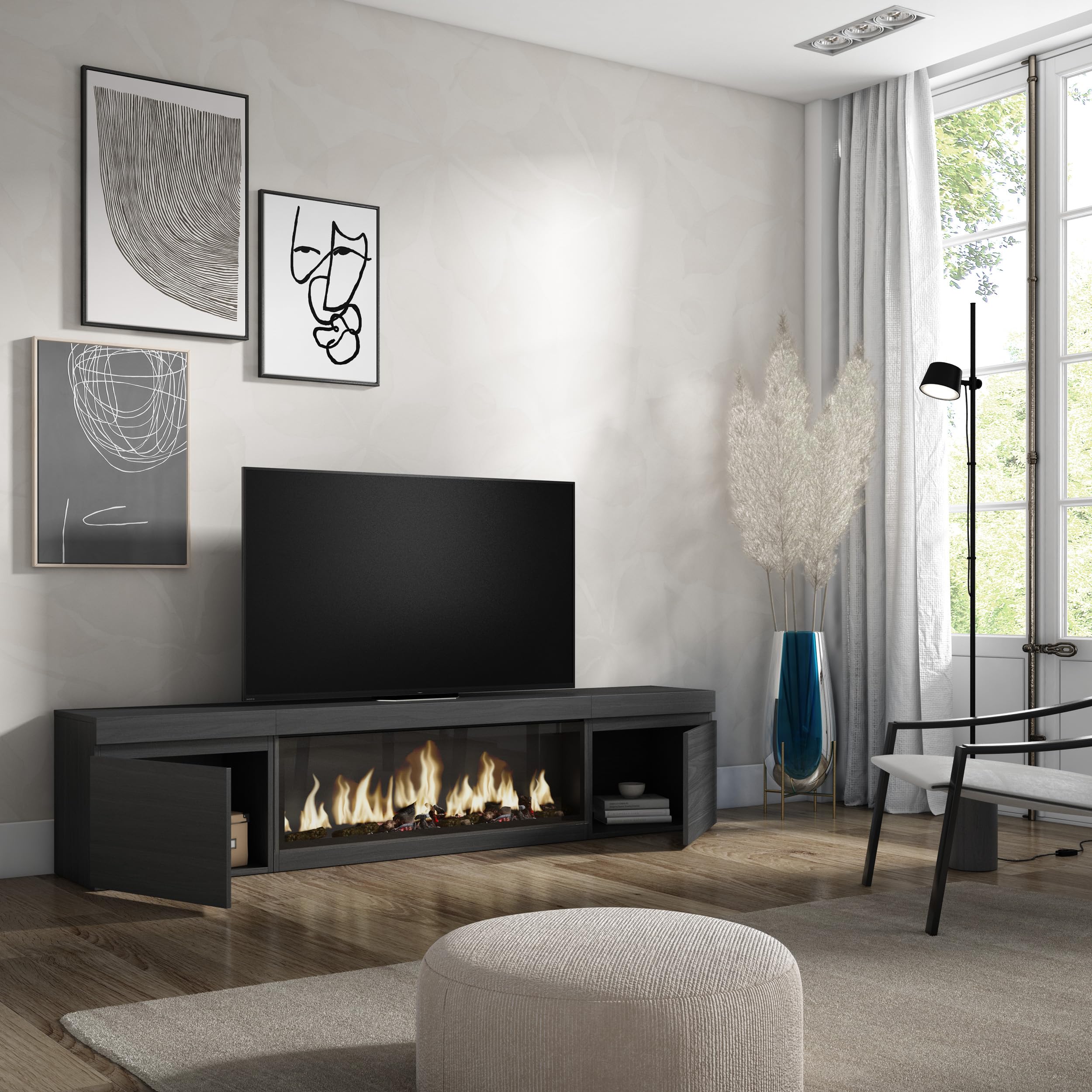 Skraut Home | Meuble TV | Banc Télé | Grand Espace de Rangement | 210 | pour Les TV jusqu'à 80" | Cheminée électrique XXL | Style Moderne | Noir