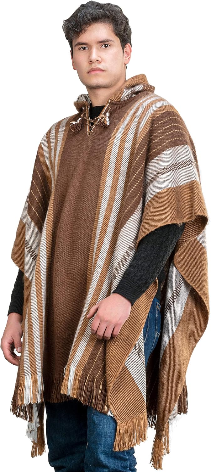 Alpaca Hooded Poncho for Men- Wool Cape with Hood - Winter Long Poncho - Comfortable House Coat Brown