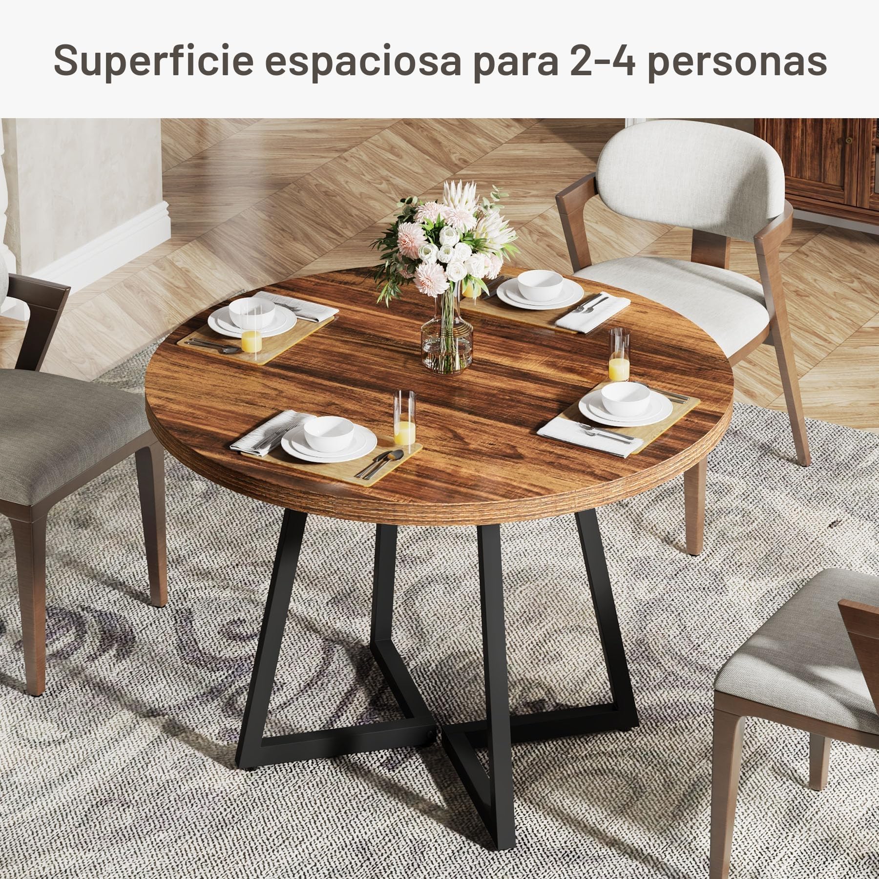 Tribesigns Mesa de comedor redonda para 2 personas, mesa de cocina industrial con base de metal, mesa pequeña para comedor, espacio pequeño, apartamento, oficina, restaurante, marrón
