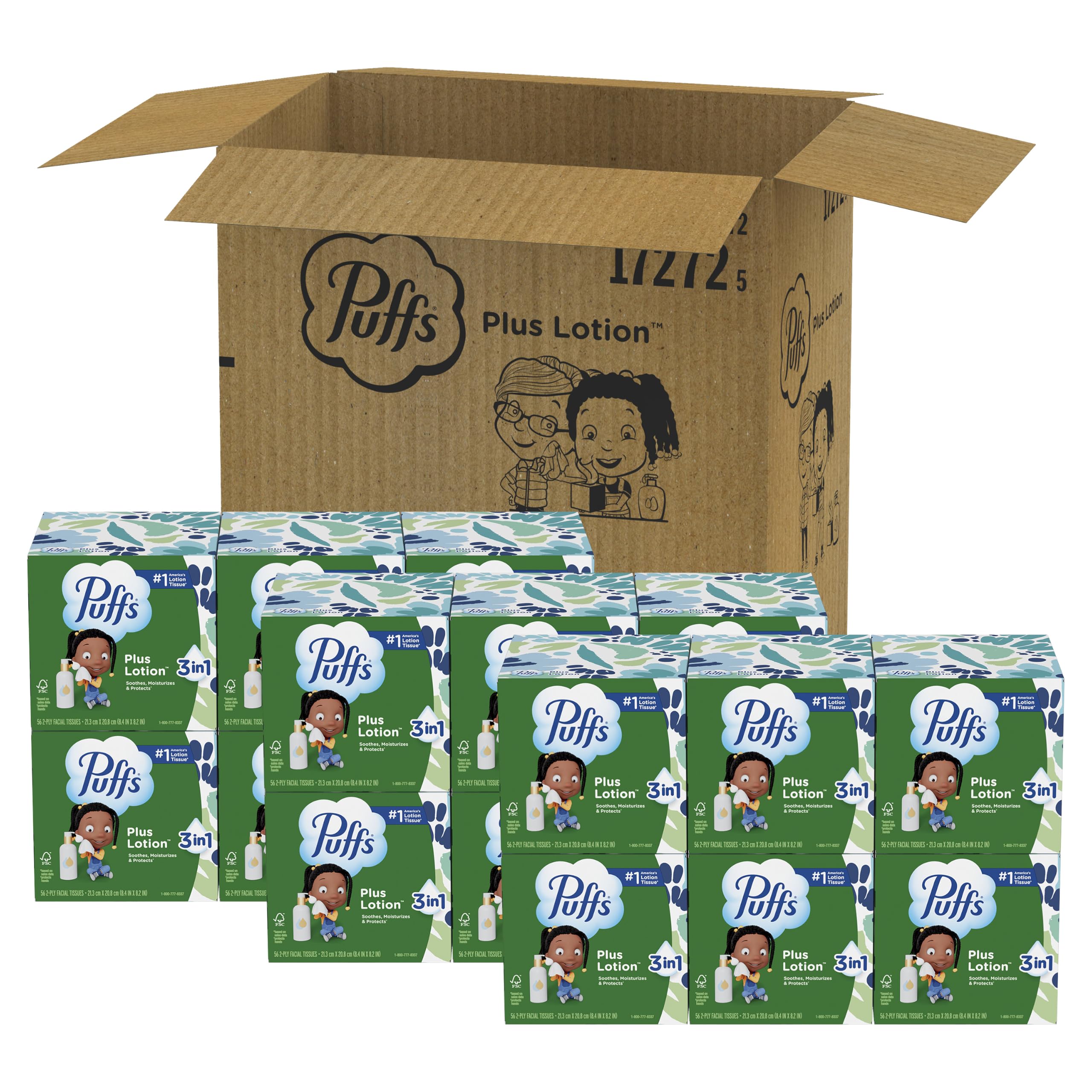 Puffs Plus Lotion Pañuelo facial, 18 cubos, 56 pañuelos por caja