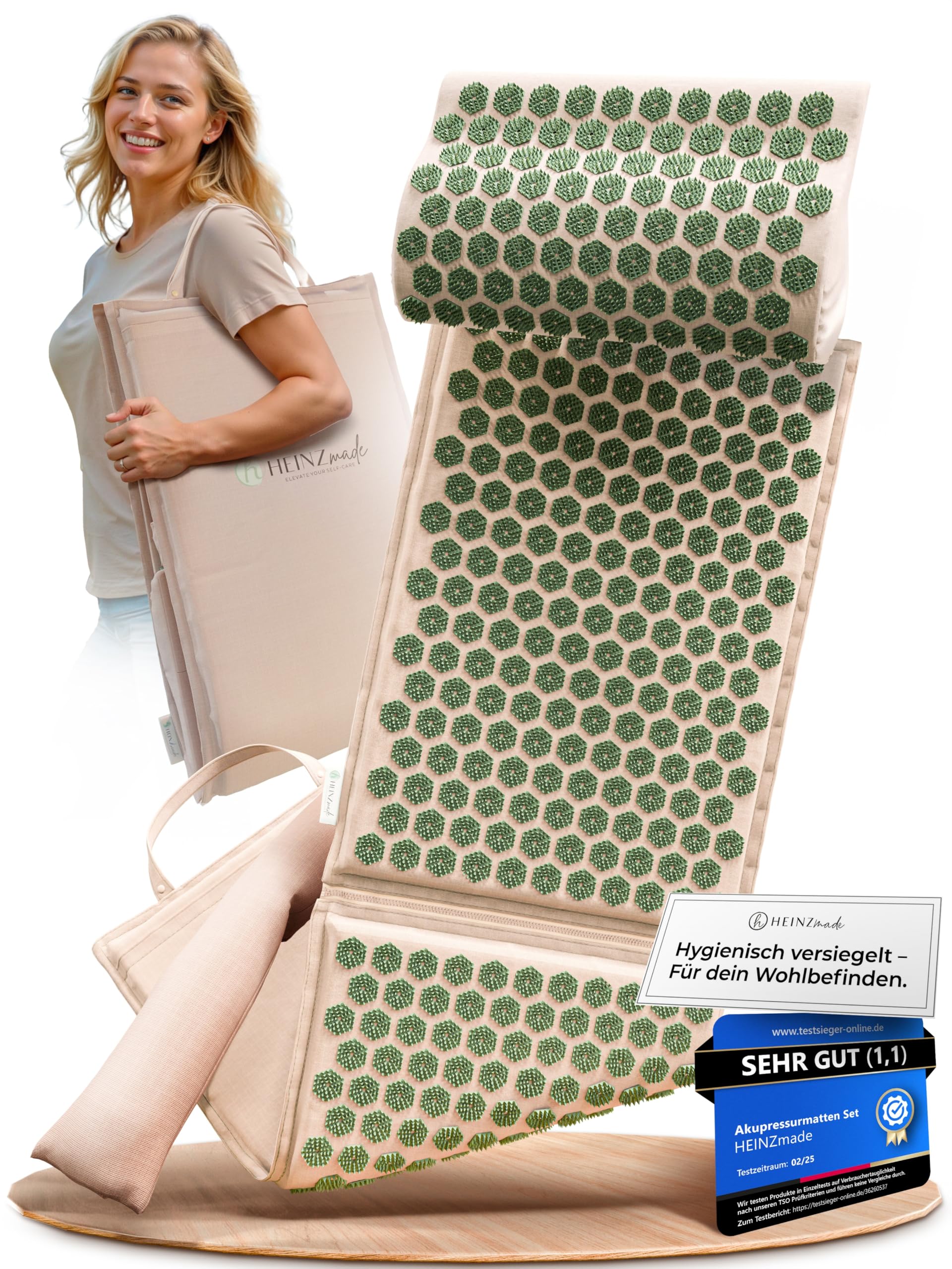 Akupressurmatte XL, Set mit Kissen & Lendenrolle, Ganzkörper