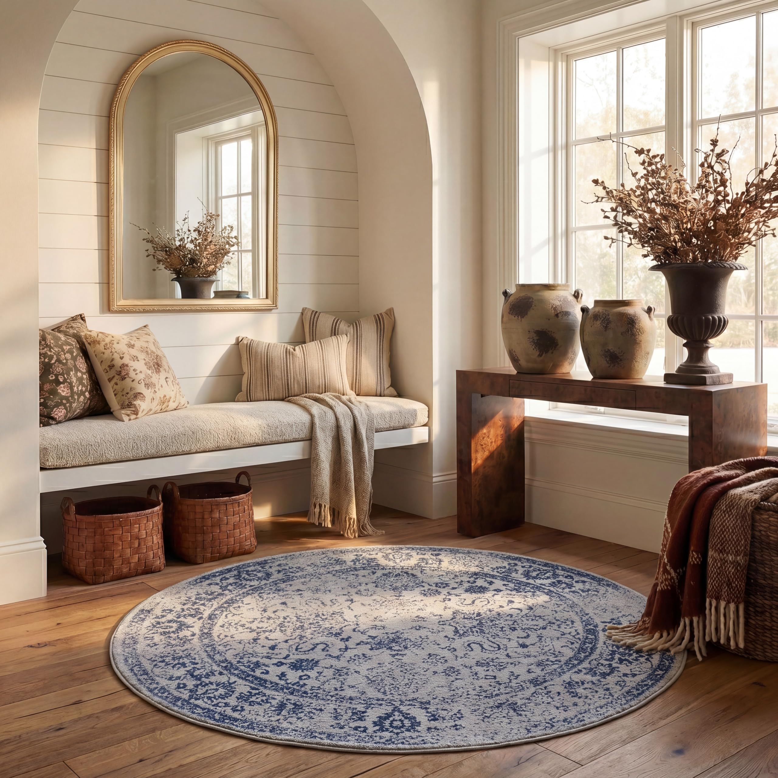 SAFAVIEH Adirondack Collection Area Rug - 6' Round, Grey & Navy, Distressed Vintage Floral Design