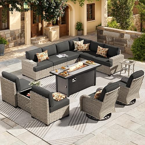 HOOOWOOO Outdoor Sectional Patio Furniture Set with Fire Pit Table,13 Pieces Wicker Conversation Sets L Shaped Couch,Extra Deep Out Door Sofa Outside Furniture with Swivel Chairs,Black