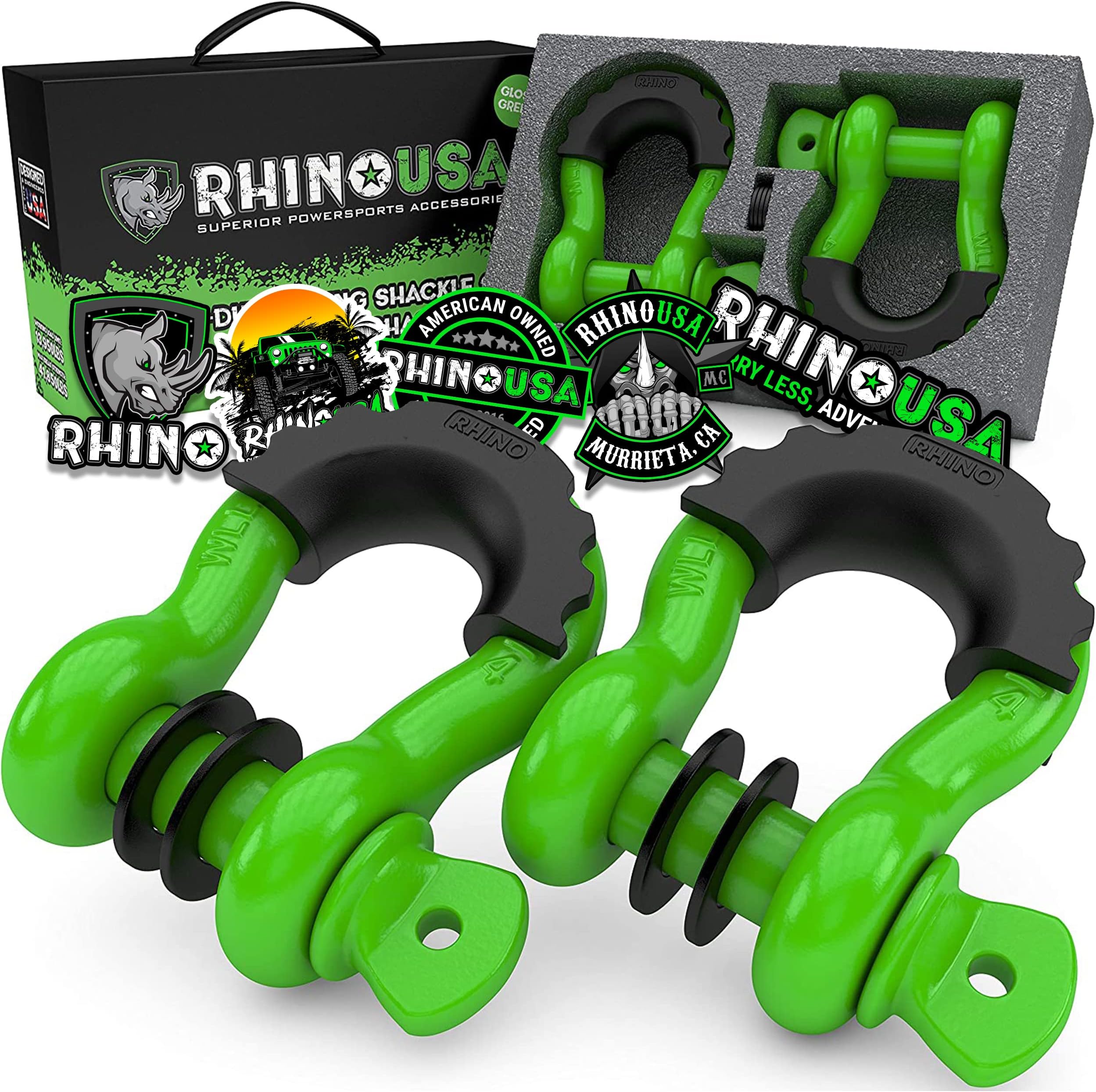 Rhino USA D Ring Shackles (2-Pack) - 41,850lb Break Strength – Heavy Duty 3/4" Clevis Shackle with 7/8 Pin for Towing & Off-Road Use - Pairs with Tow Strap for Vehicle Recovery (Green)
