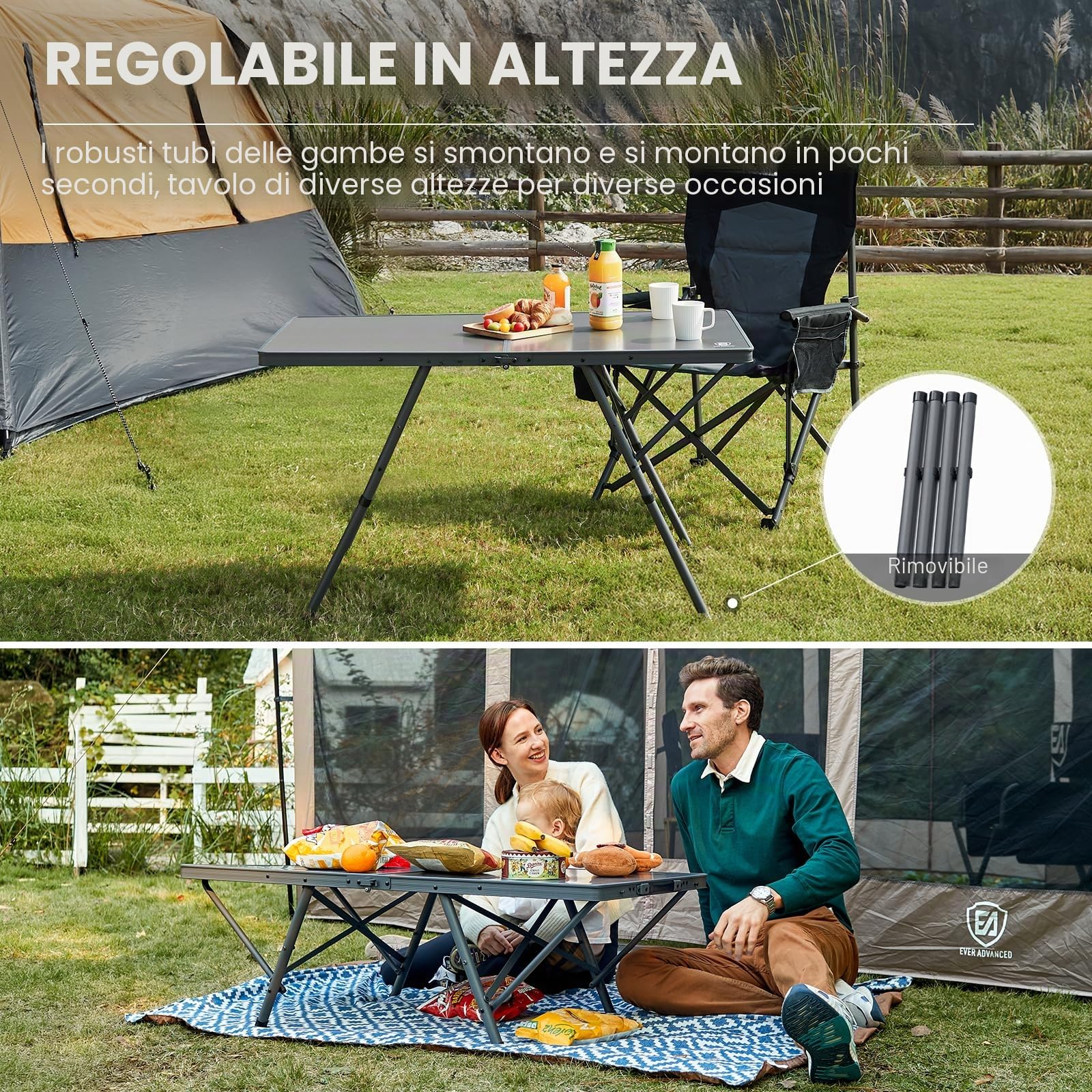 EVER ADVANCED Tavolo da camping pieghevole 120x60cm Tavolo pieghevole XL per 4-6 persone Tavolo pieghevole fino a 60kg con borsa da trasporto Struttura stabile per camping picnic giardino balcone