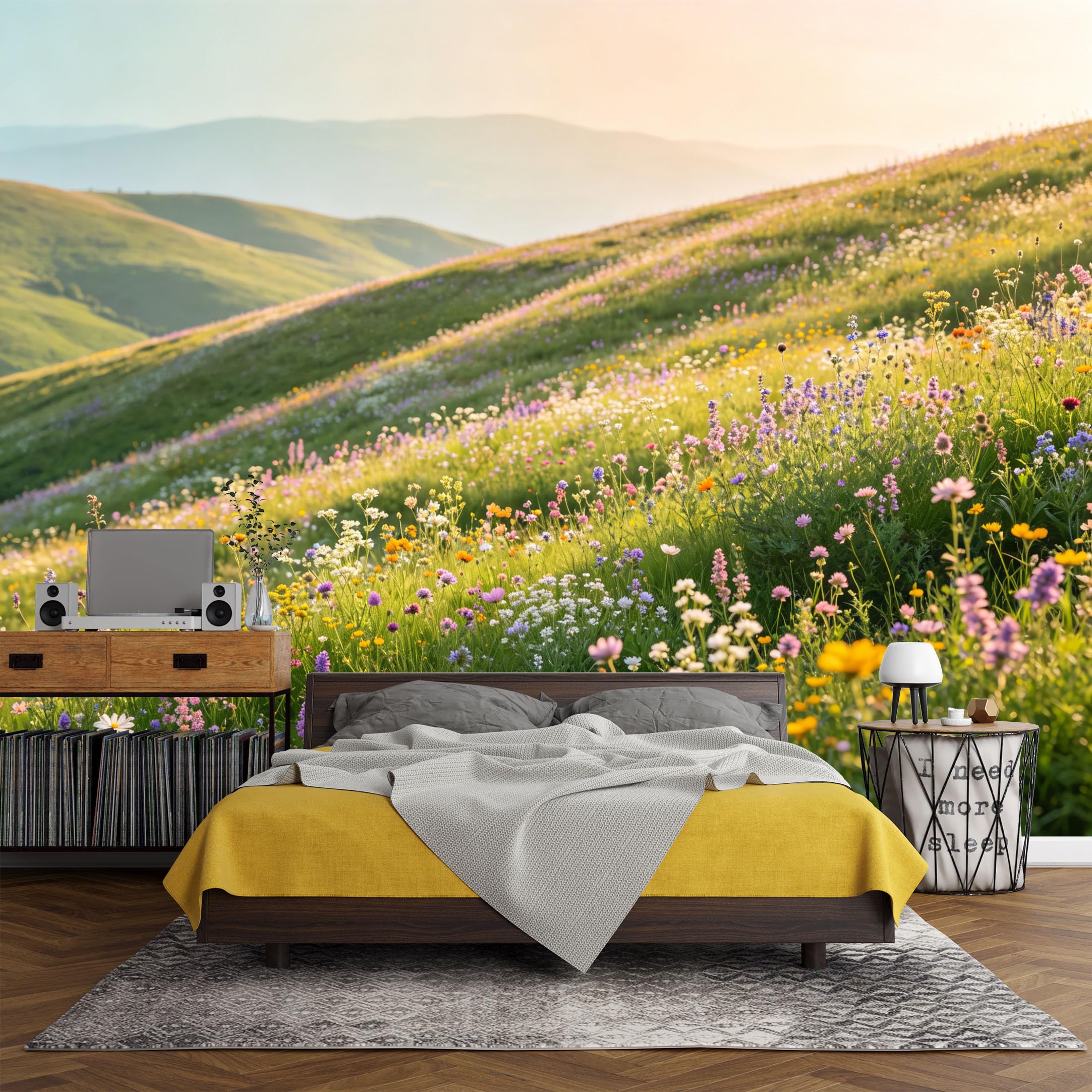 Custom Size Wall Mural， Landscape Wildflower Meadow Spring Bloom Hills Nature Scenery，SelfAdhesive Art Prints wall Fabric（No PVC） Removable Wallpaper Living Room Decor