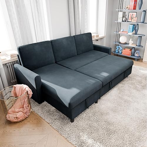 Vongrasig Pull Out Couch, Convertible Sleeper Sofa with Storage, Small L-Shaped Sofa Bed with Linen Fabric for Living Room, Apartment, Small Space, Dark Grey