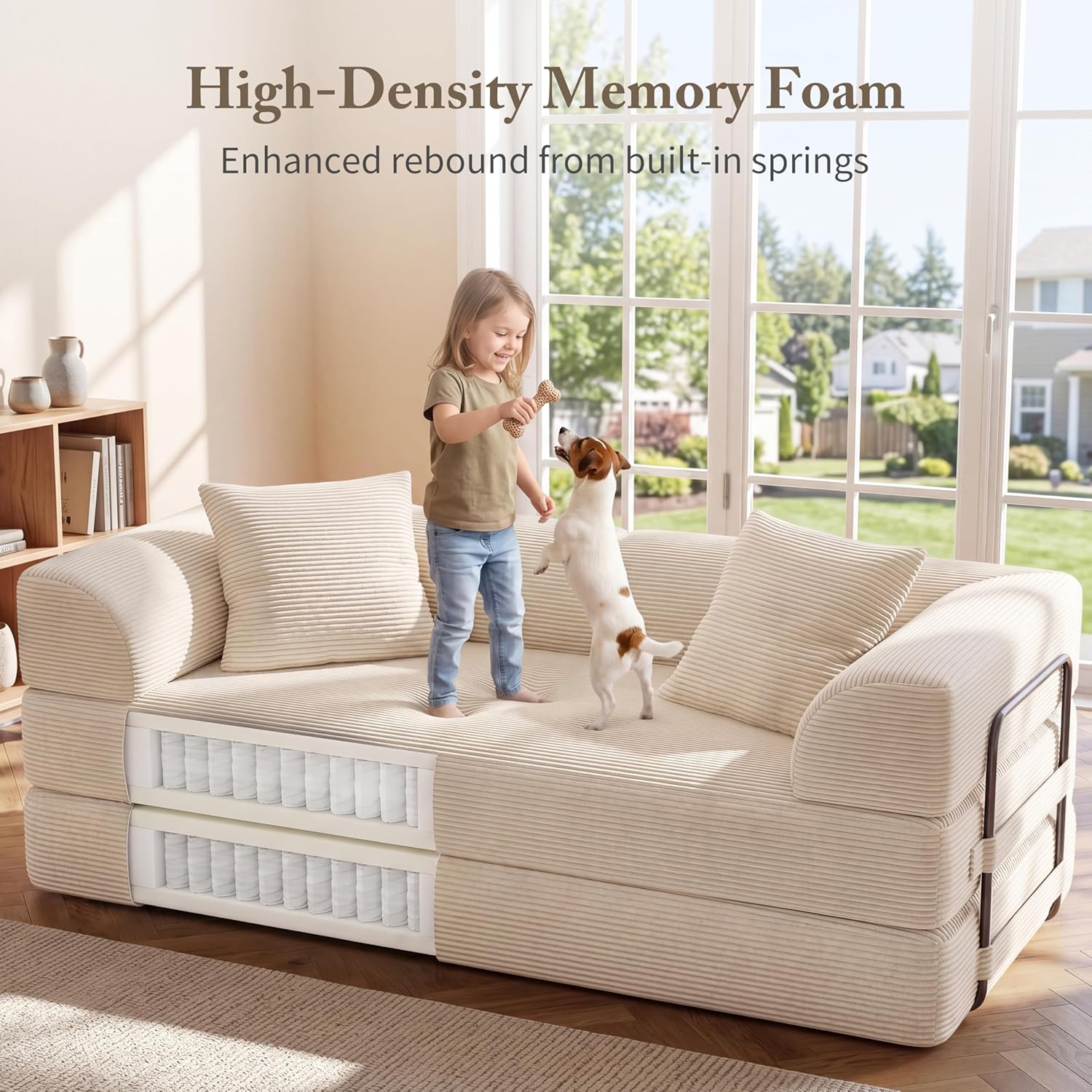Cloud Boneless Convertible Floor Sofa Bed, 70" 5-in-1 Foldable Compressed Loveseat Lounge Sleeper 2 Seater Couches, High-Density Sponge & Corduroy Fabric Futon Daybed for Living Room Bedroom(Beige)
