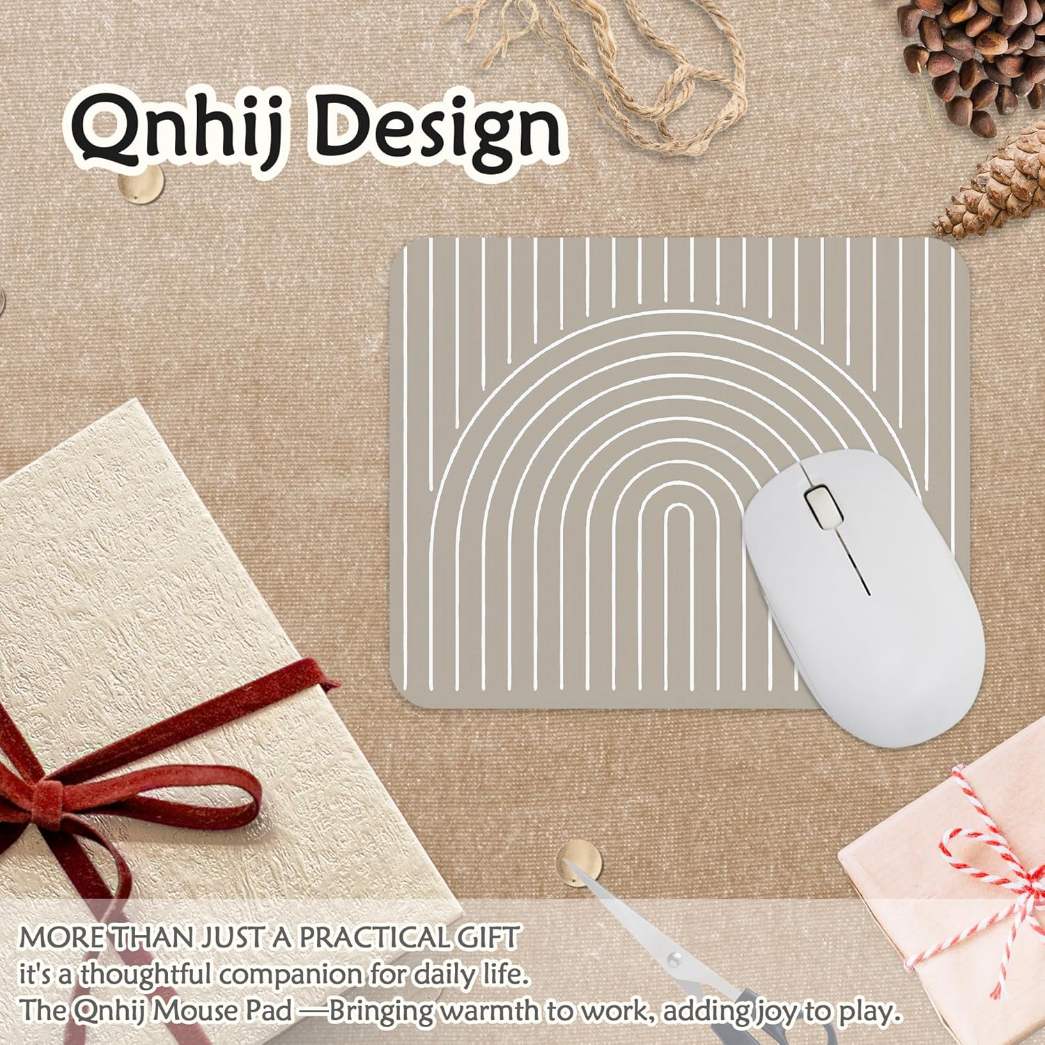 Beige Boho Mouse Pad for Desk, Abstract Neutral Rainbow Mousepad for Gaming Work Computer Laotop Office Dorm with Non-Slip Rubber Base, 9.5x8 Inch - Image 5