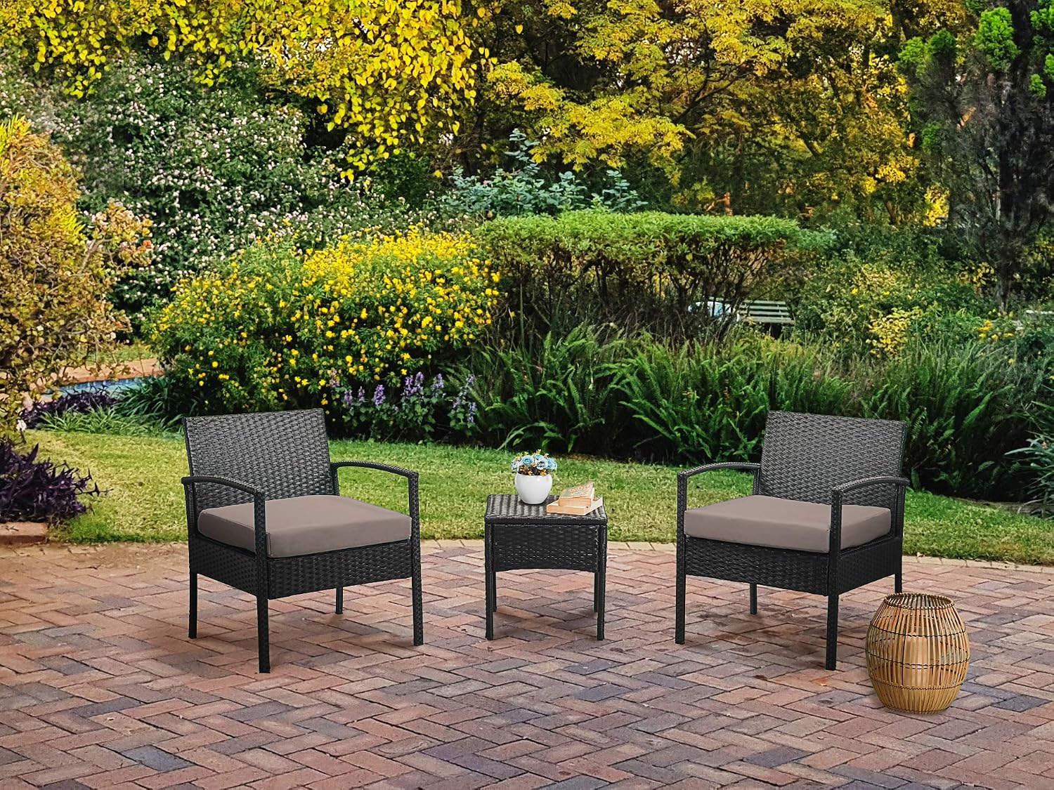 Tappio Patio Outdoor Chairs 3 Set, 1 Conversation Table & 2 pcs Rattan Sofas with Backrest Soft Cushions, Lawn Chairs with Cushions, Garden Furniture Sets Suit to Lawn Backyard Pool (Brown)