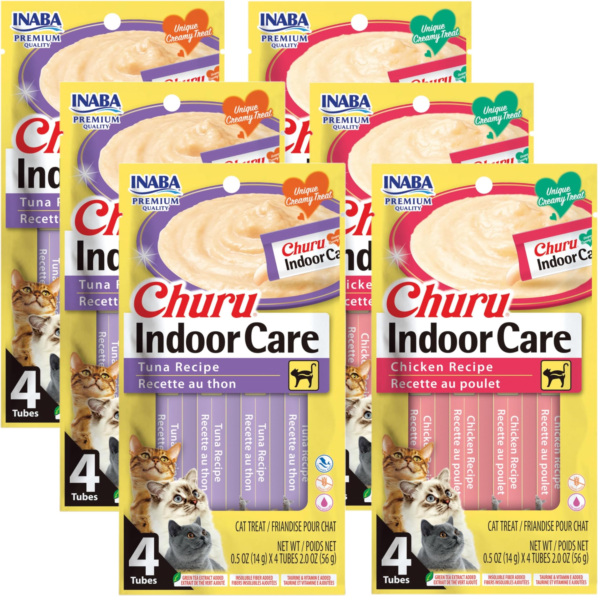 INABA Churu for Cats, Functional, Creamy Lickable Purée Cat Treat for Indoor Care and Hairball Control, 0.5 Ounces Each, 24 Tubes (4 per Pack), 2 Flavor Tuna and Chicken Variety Pack