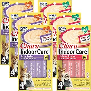 INABA Churu for Cats, Functional, Creamy Lickable Purée Cat Treat for Indoor Care and Hairball Control, 0.5 Ounces Each, 24 Tubes (4 per Pack), 2 Flavor Tuna and Chicken Variety Pack