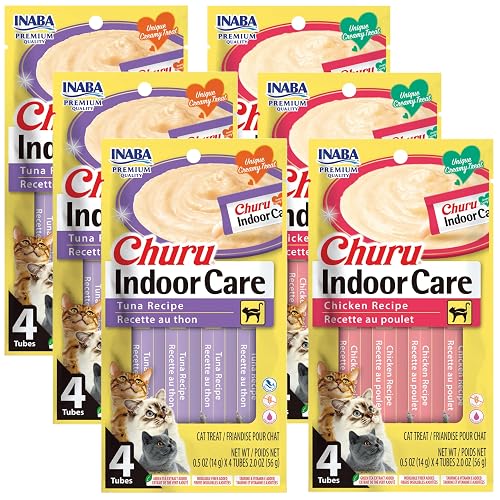 INABA Churu for Cats, Functional, Creamy Lickable Purée Cat Treat for Indoor Care and Hairball Control, 0.5 Ounces Each, 24 Tubes (4 per Pack), 2 Flavor Tuna and Chicken Variety Pack - 2 Flavor Variety Pack - 0.5 Fl Oz (Pack of 24)