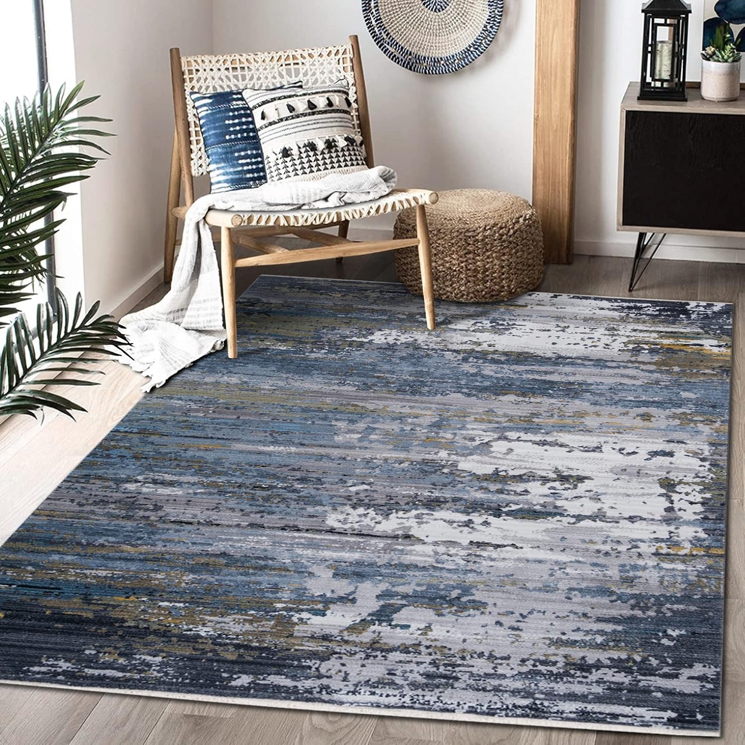 HR- Bohemian Chic Boho Living Room 5 x 7 Area Rug Floorcover Leno Weave Abrash Design Novelty Rug Gray and Blue Color
