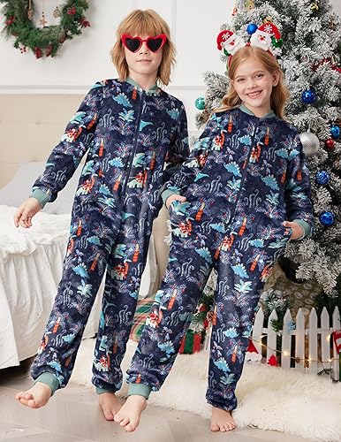 Miniatura 4 de Ekouaer Pijama de Navidad a juego para la familia, mameluco de forro polar con cremallera y bolsillos