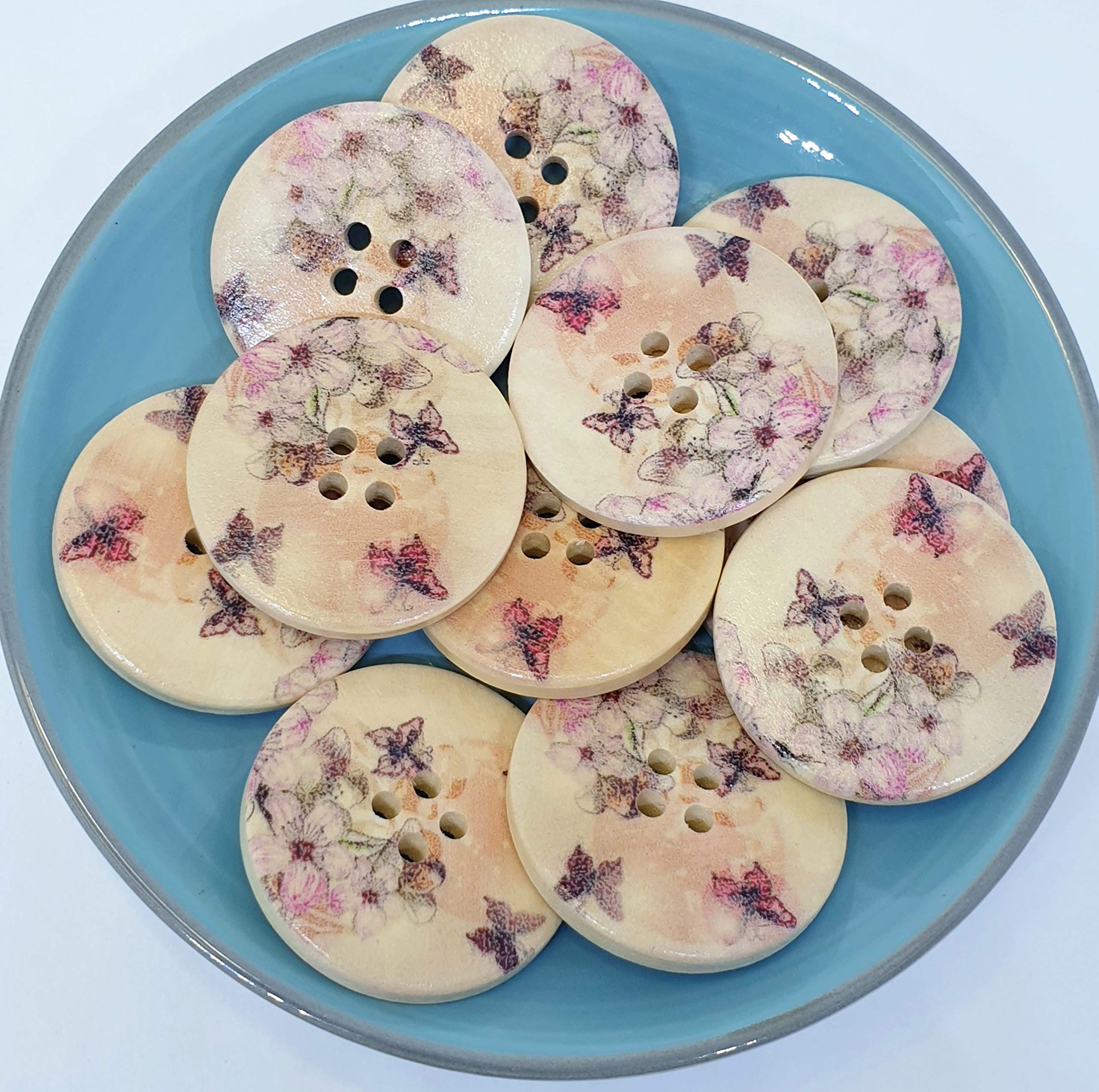 MajorCrafts® 16pcs 30mm Pink Flower and Butterfly Pattern 4 Holes Round Wood Large Sewing Buttons Needlework Arts and Crafts Embellishments