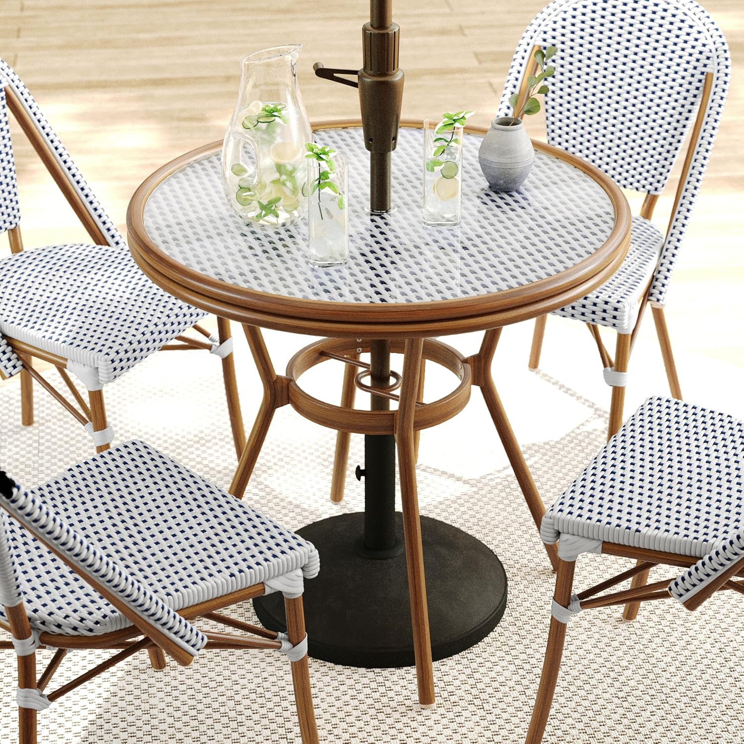 Martha Stewart Lily Pond 5 Piece Indoor-Outdoor Navy and White Woven Rattan Bistro Set with Natural Woodgrain Aluminum Frames and Tempered Glass Tabletop