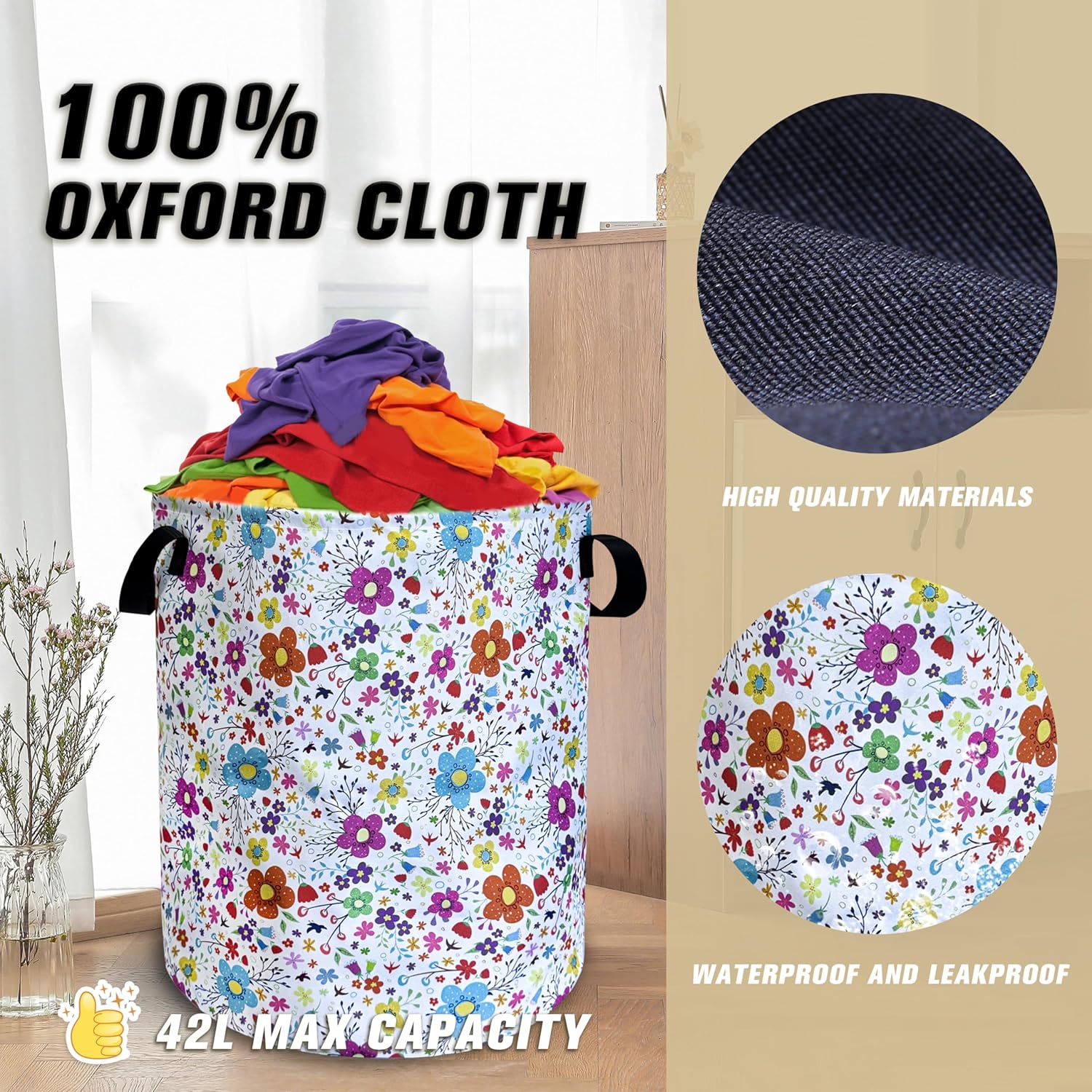 Colorful Artistic Flowers Laundry Basket Floral Foldable Oxford Cloth Funny Tote Bag Laundry Hamper Clothes Storage Bucket Toy Organizer For Bathroom/Laundry Storage/Bedroom 18.9x16.5 Inch