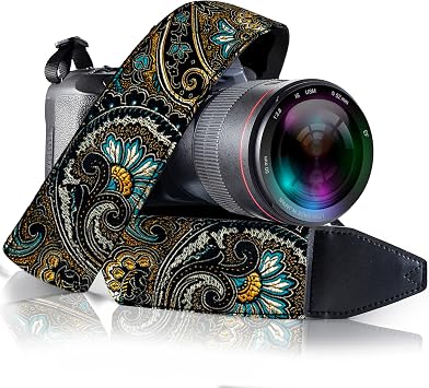 Art Tribute Camera Strap - Shoulder, Crossbody & Neck Camera Strap for Photographers, Fits All Cameras, Canon Nikon Sony Fujifilm, Padded Strap W/Quick Release, Embroidered Cotton & Leather Ends