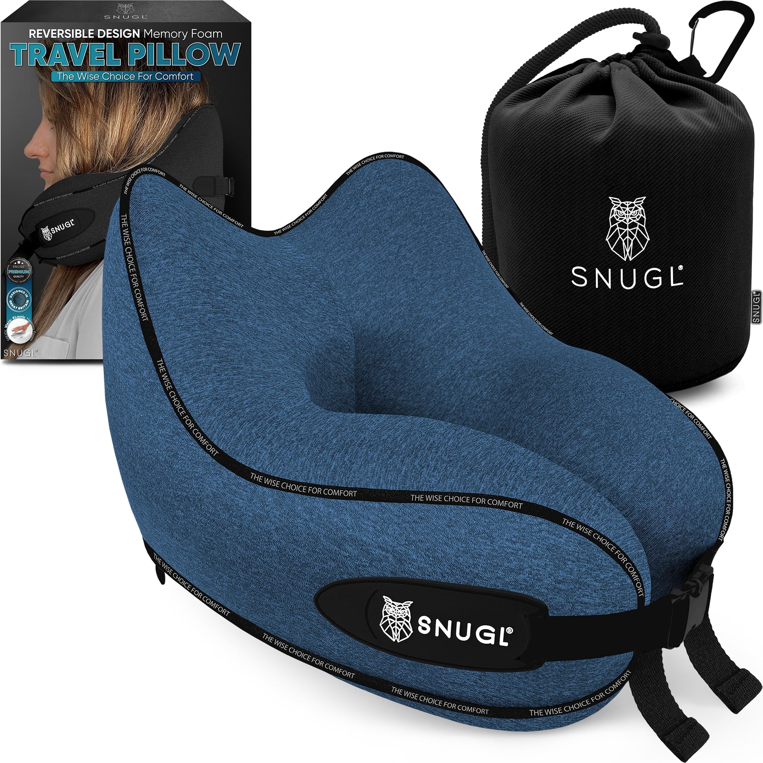 SNUGL Neck Travel Pillow - Memory Foam Airplane Pillow - Flight Pillow | Neck Support Travel Pillow with Carry Bag & Clip | Neck Pillows for Sleeping Travel Plane | Flying Travel Essentials - Blue