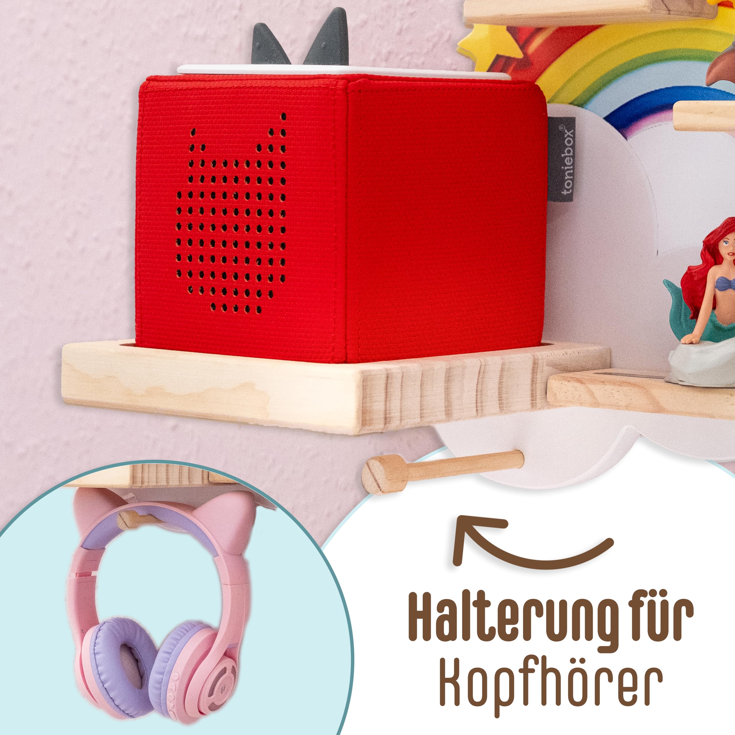 WeMa Tonie Regal Regenbogen - magnetisches Wandregal für Toniebox & Tonie Figuren - Aufbewahrung für Hörfiguren und Kopfhörer - magnetisches Toniebox Regal Mädchen & Junge