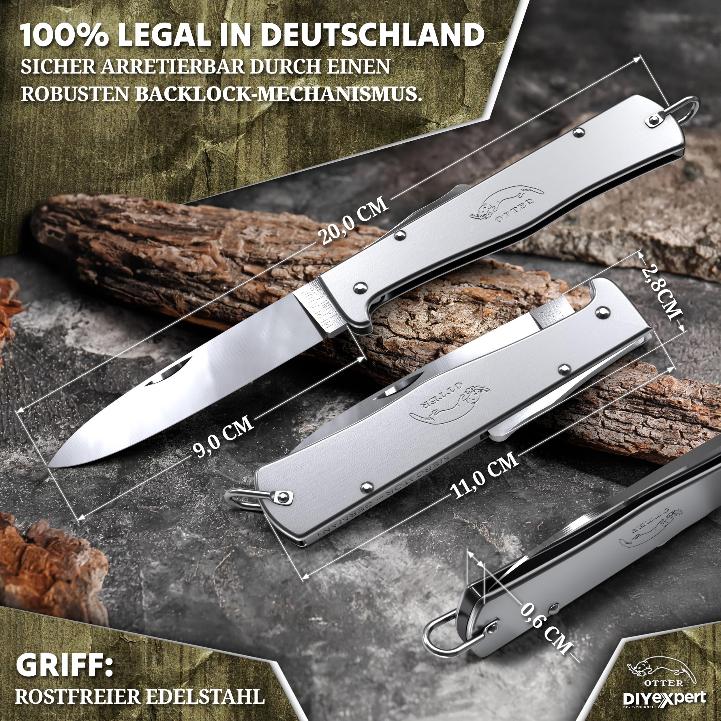 DIYexpert Outdoor-Messer MERCATOR Edelstahl | [Ohne CLIP] | Klappmesser Made in Germany | Ideal als Taschenmesser oder Jagdmesser