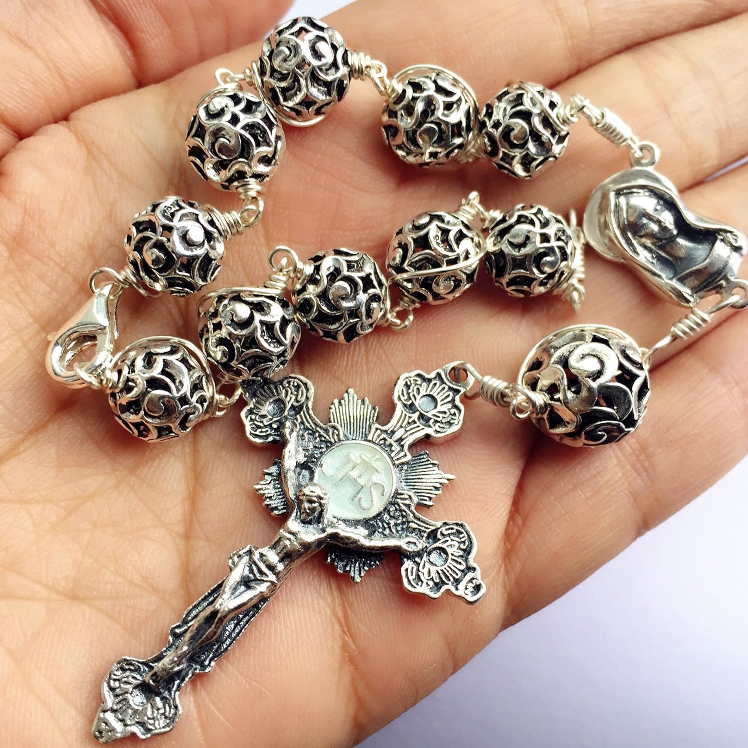 elegantmedical Bali Sterling Silver Beads Cross Handmade Wire Wrap one decade rosary bracelet gift - Image 5