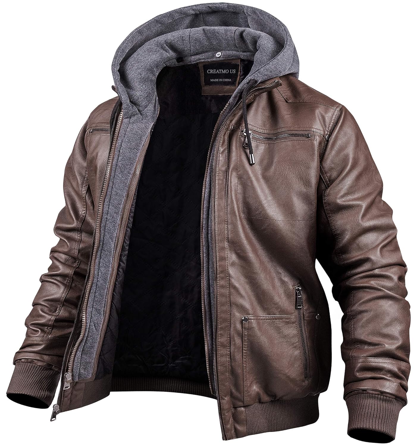 CREATMO US Jaqueta masculina de couro sintético, impermeável, à prova de vento, com capuz removível