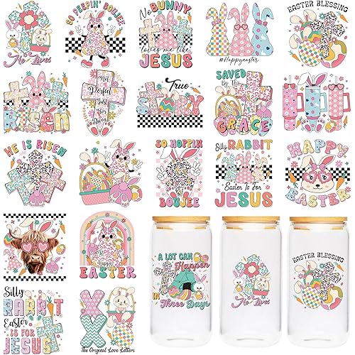 UV DTF Transfers Sticker - 20 Sheet Pink Easter Bunny UV DTF Cup Wrap, Cute Spring Animal Cup Wraps for Glass, Pastel Holiday Decals, DIY Crafts for Girls Aesthetic Lovers