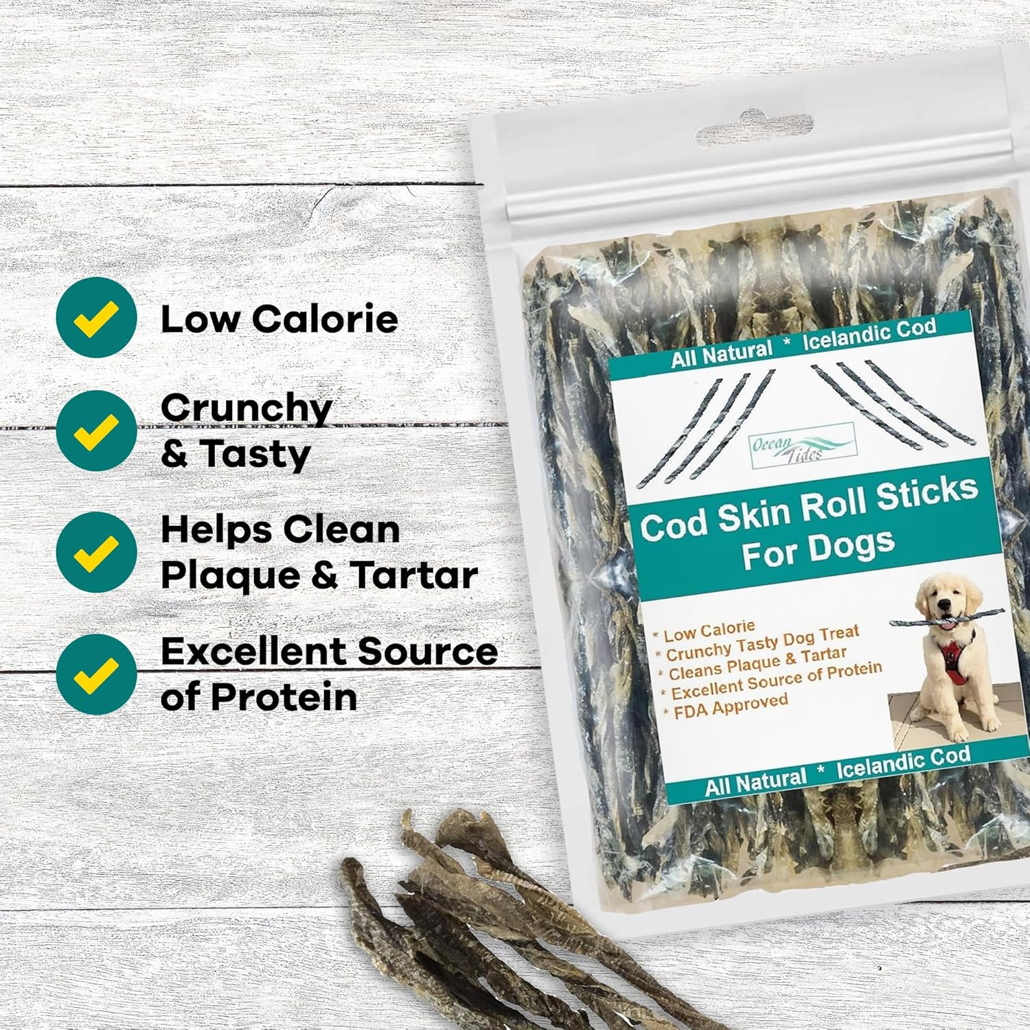Ocean Tides Cod Skins for Dogs and Cats 32 Oz - Icelandic Atlantic Fish Skin Treats, Dried Lean Crunch Sticks Chews, Single Ingredient Healthy Treat for Dogs, Crunch Fish Sticks for Puppies and Cats