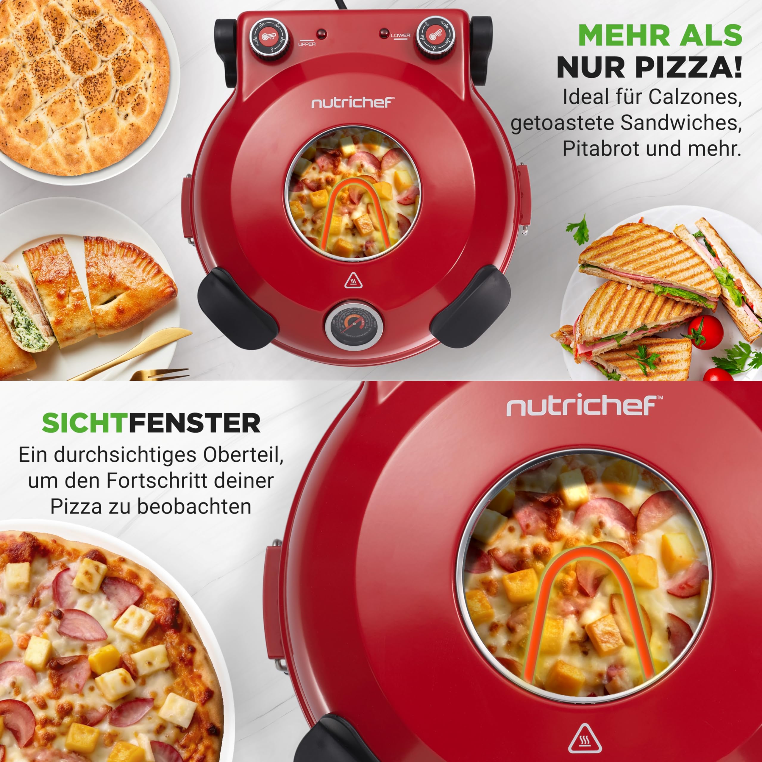 NutriChef Pizzaofen Elektrisch – Ø 35,5cm Abnehmbarer Keramikstein, 1200W bis 430°C, Ober-/Unterhitze Getrennt Regelbar, Sichtfenster, Antihaft