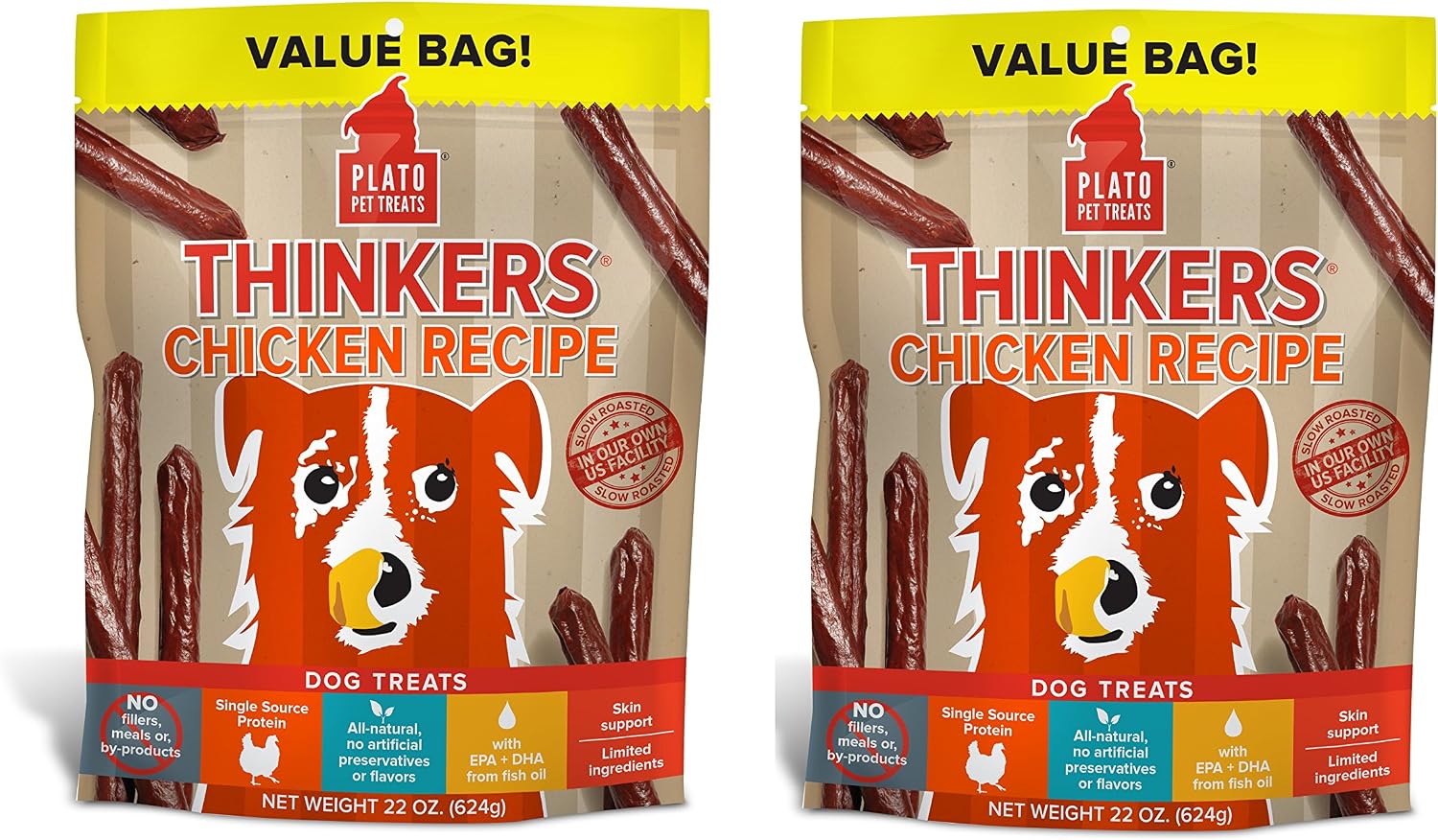 PLATO Dog Treats -Thinkers Chicken Sticks-22 oz (2 Pack)
