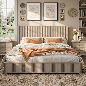 King Size Bed Frame with Headboard, Solid Wood Platform Panel Bed, Floor-Standing Design, No Box Spring Needed, Wood Bed Frame for Adults, Easy Assembly, 1000 lbs Support,Beige