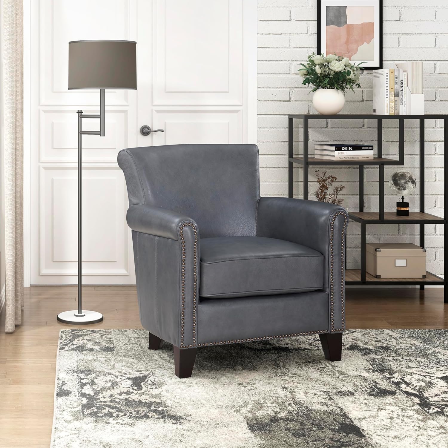 Lexicon 100% Top Grain Genuine Leather Chair, Leather Accent Chairs for Living Room, Solid Wood Frame, Rolled Armrest & Nailhead Trim, Comfy Reading for Bedroom, Office, Waiting Room, Brown