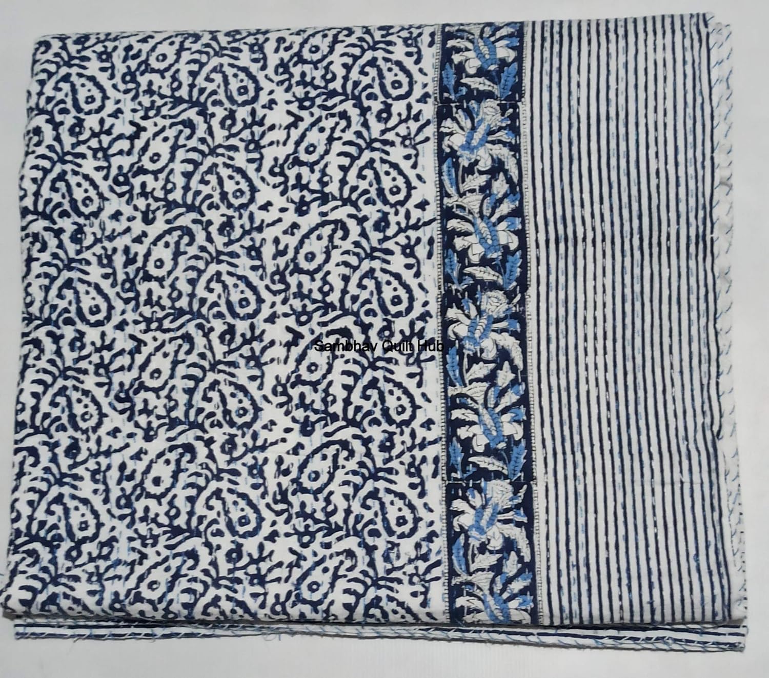 White Handblock Home Decor Quilt Floral Elephant Print Handmade Quilted Kantha Bedspread Boho Bedding Queen Size/King Size Bed Cover Block Throw Kantha Quilt