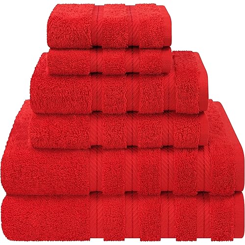 American Soft Linen Luxury 6 Piece Towel Set, 2 Bath Towels 2 Hand Towel 2 Washcloths, 600 GSM 100% Cotton Turkish Towels for Bathroom, Red Towel Sets