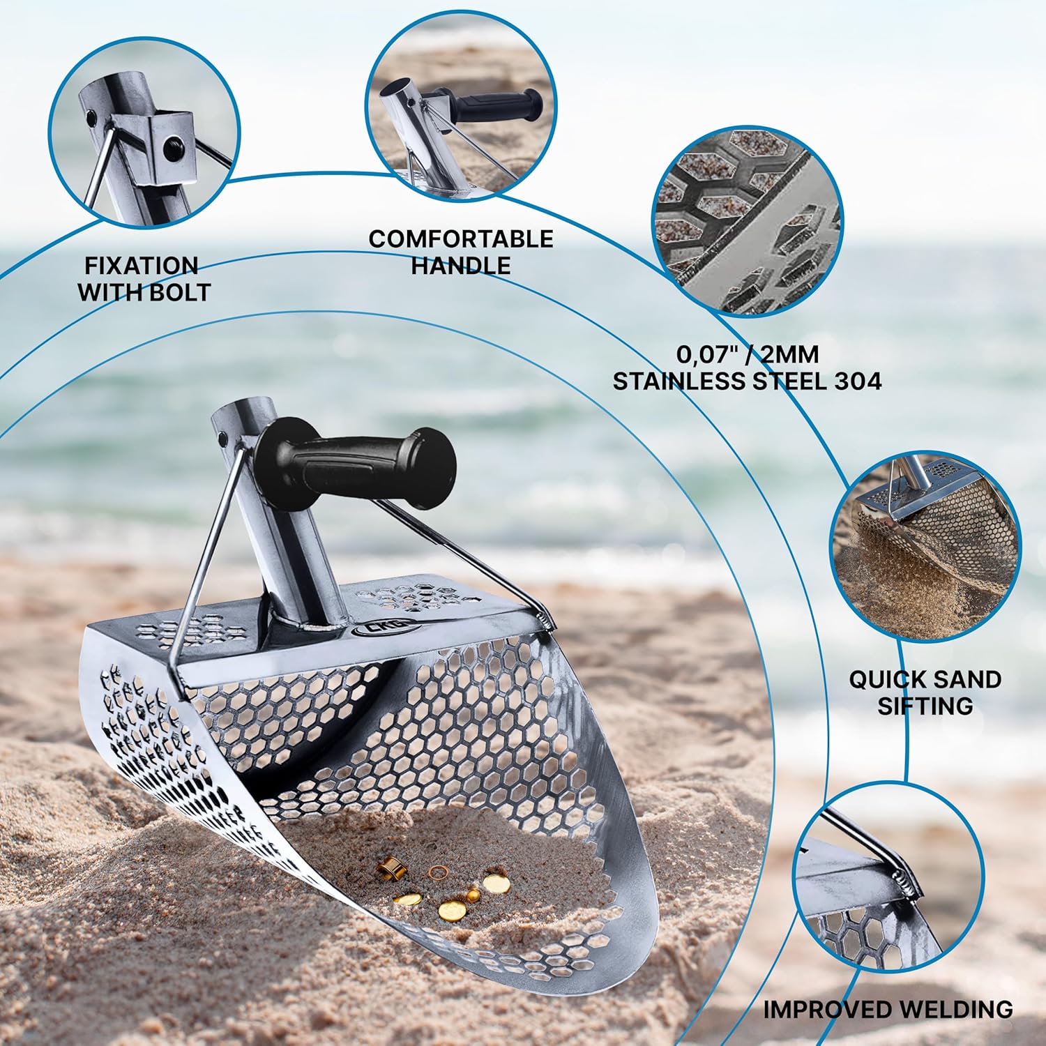 CKG Sand Scoop for Metal Detecting Heavy Duty Sand Sifter Scoop Stainless Steel 304, Metal Detector Scoop Shovel for Treasure Hunting Metal Detector Accessories, 11x8 with Handle