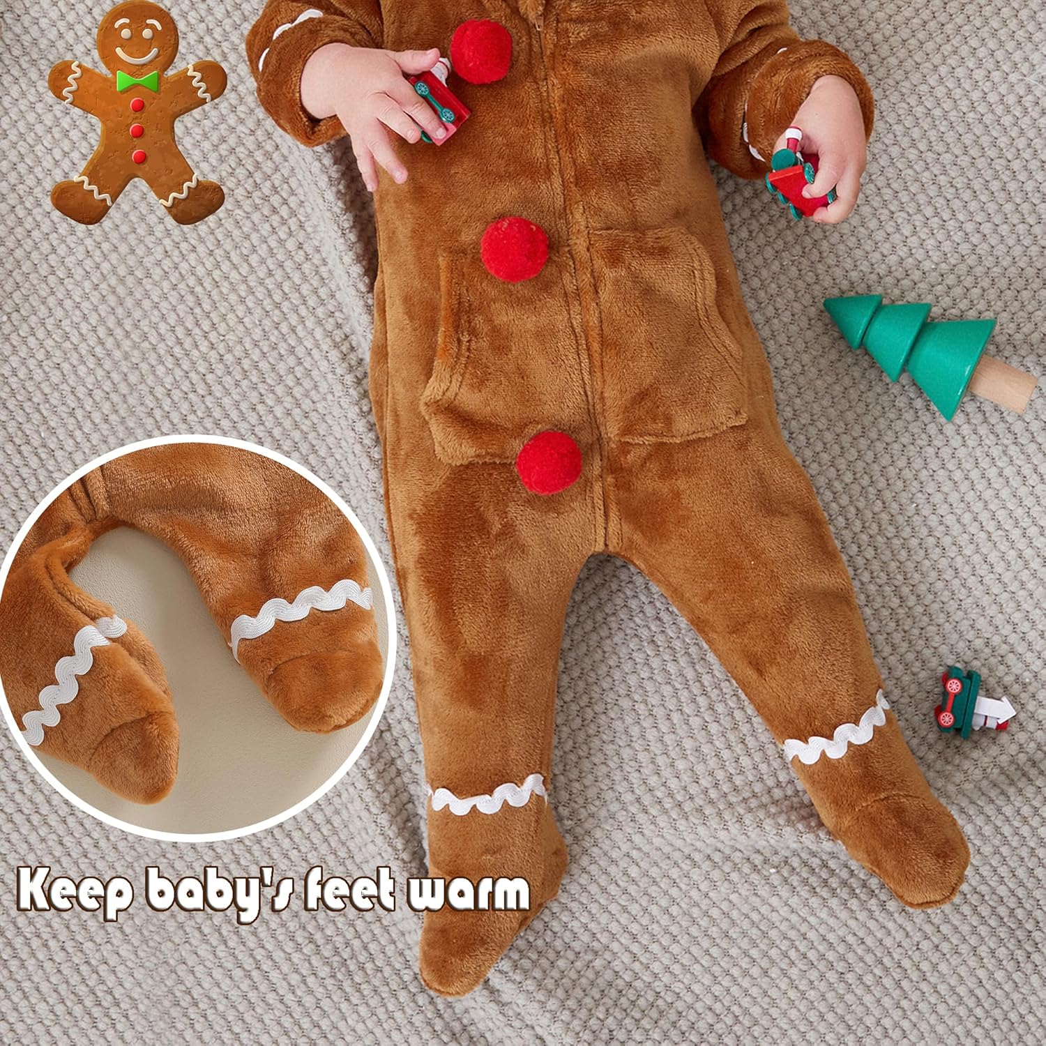 Newborn Gingerbread Costume Toddler Baby Ginger Bread Outfit Christmas Onesie Footies Romper Long Sleeve Jumpsuit - Image 3