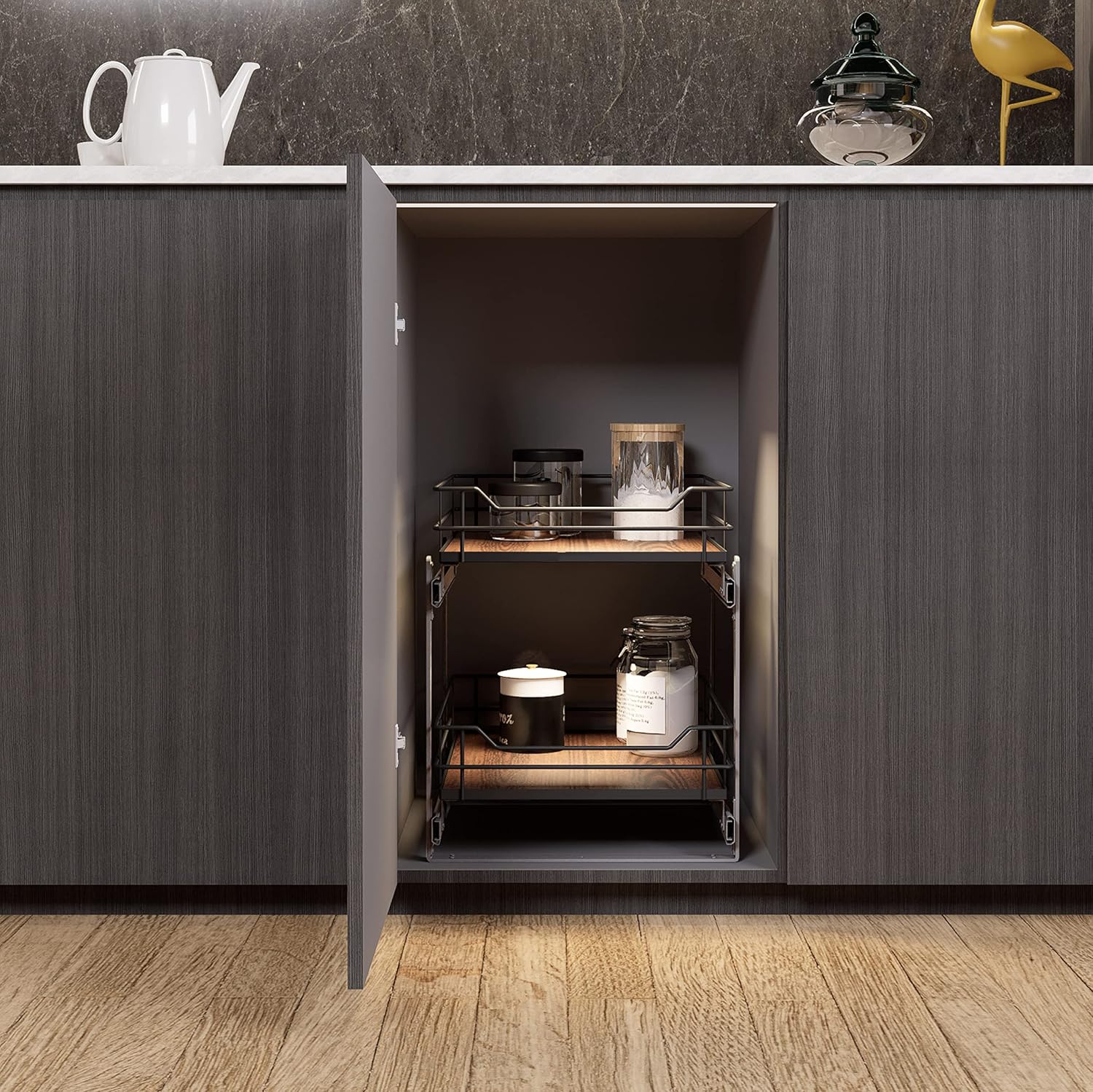 Home Zone Living Pull Out Kitchen Cabinet Organizer with 2 Tiers of Storage for Easy Access, 15”W x 20”D, Matte Black With Dark Brown, Virtuoso Collection