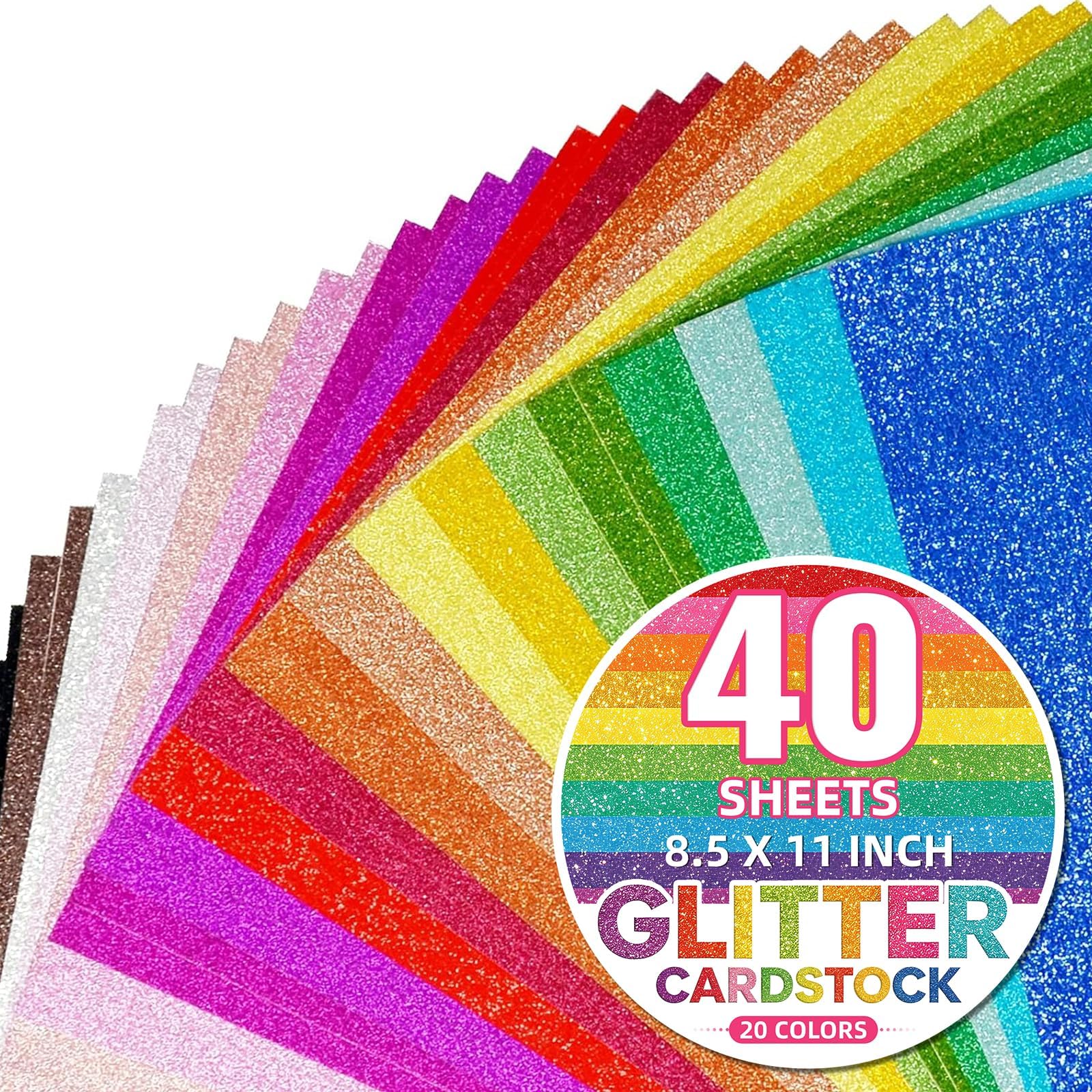 Glitter Cardstock Paper, 40 Sheets 20 Colors, Premium A4 Cardstock Glitter Construction Paper, Colored Glitter Paper for DIY Art Projects, Wedding Birthday Party Decors, Gift Box Wrapping, 250 GSM