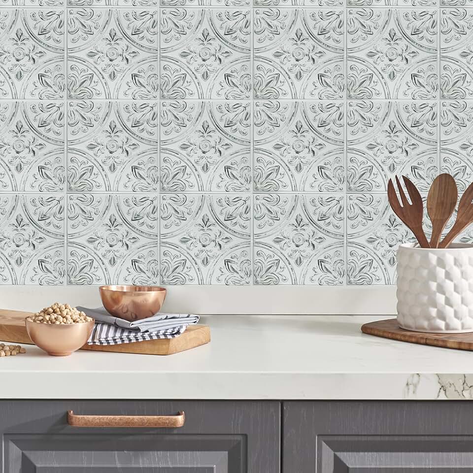 RoomMates TIL4623FLT StickTiles White Tin Peel and Stick Tile Backsplash, 10.5 inch x 10.5 inch, 4 Count (Pack of 1)