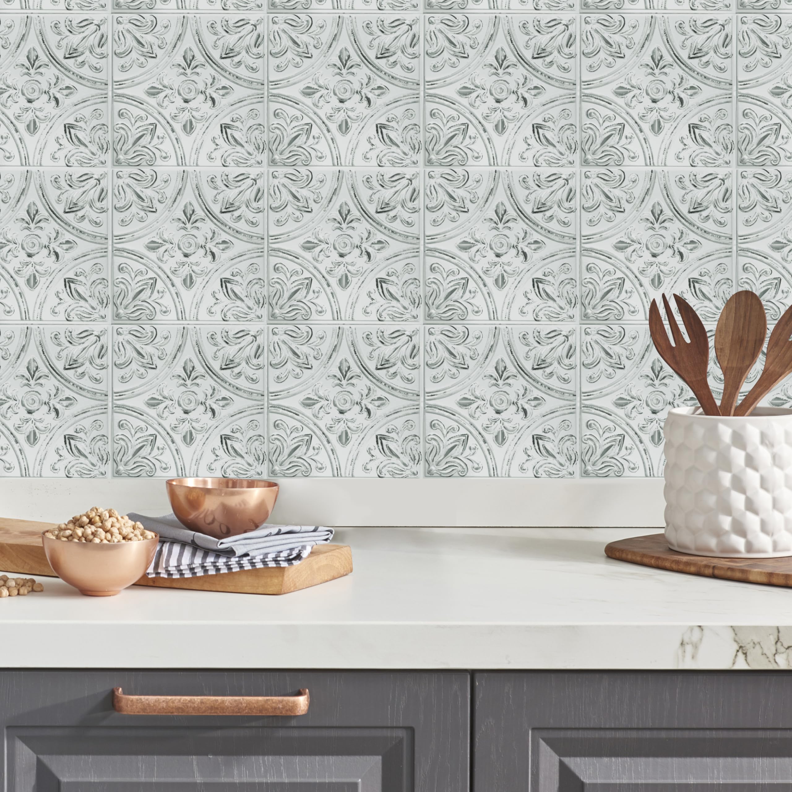 RoomMates TIL4623FLT StickTiles White Tin Peel and Stick Tile Backsplash, 10.5 inch x 10.5 inch, 4 Count (Pack of 1)