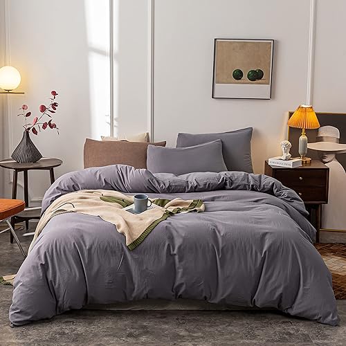 Janlive Washed Cotton Duvet Cover King Ultra Soft 100% Cotton Solid Color Smoky Gray Duvet Cover Set with Zipper Closure -3 Pieces Smoky Grey King