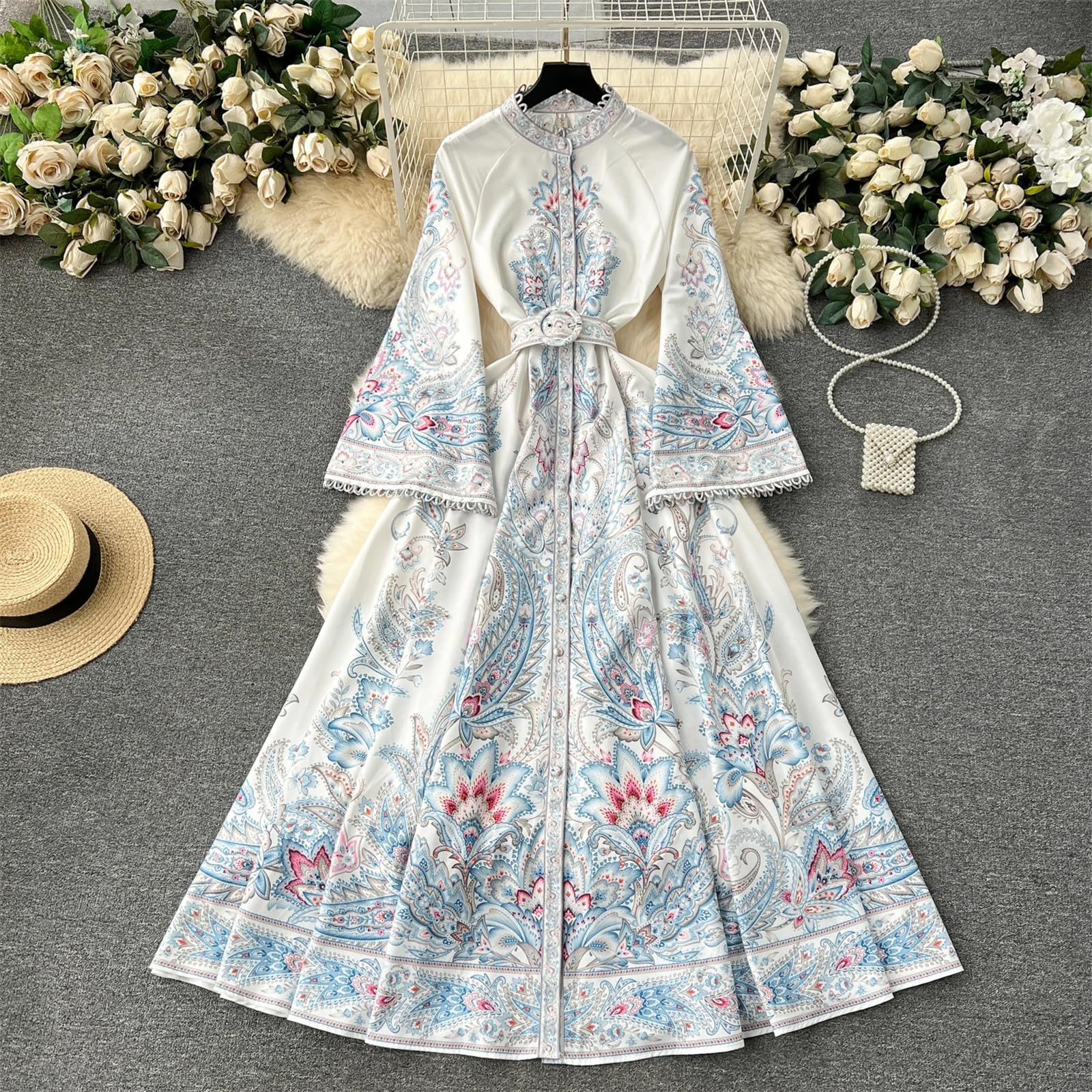 Abito Lungo Elegante da Donna con Stampa Slim A Vita Alta, Collo alla Coreana, Manica Svasata, Vita Alta, Slim