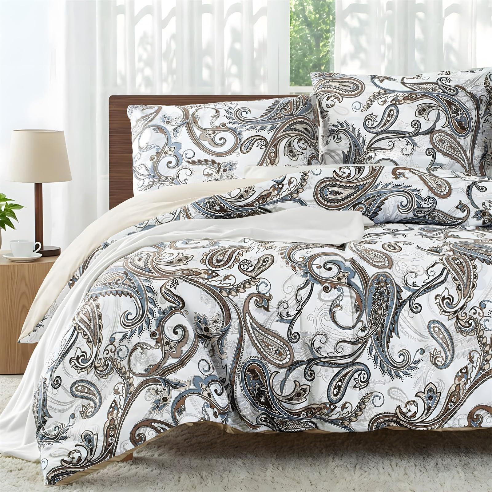 Ypthriline Single Duvet Cover Set Paisley Pattern Bedding Set Microfiber Retro Duvet Covers with Pillowcases Reversible Bedding With Zipper Closure 135x200CM